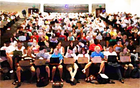 a frontal lecture where all the students are using laptops