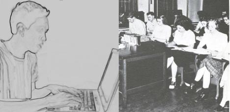 On the left: someone working on a laptop; on the right, a 1940's traditional classroom