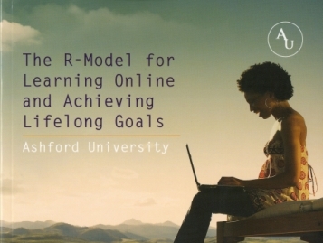 a girl using a laptop outside, in a beautiful hilly landscape, with the words: The R-Model for Learning Online and Achieving Lifelong Goals - Ashford University