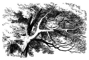 The Cheshire Cat on a tree branch, fading