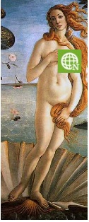 Detail from Botticelli's Birth of Venus, with naked breast covered  by Ning Logo
