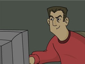 Power-hungry cyberbully Big, square-jawed bully, smirking at a 20th c. computer monitor