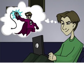 Cyberbully: "vengeful angel" Youngster with laptop on his knees, dreaming of himself as Superman.