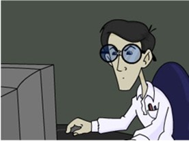 Cyberbully: "vengeful nerd" Very thin man with big head and huge blue-tinted specs, squint-eyed, looking at a 20th c. computer monitor