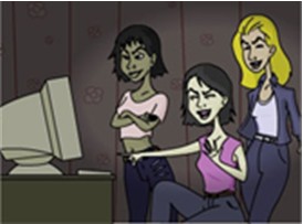Cyberbullies: mean girls 3 young women, nastily laughing at a 20th c. computer monitor