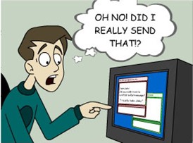 Accidental cyberbully Horrified young man looking at a 20th c. computer monitor and thinking: "Oh no! Did I really send that?"