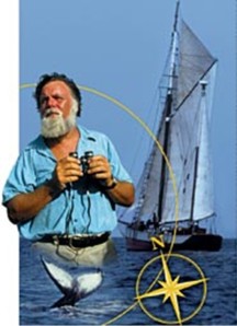 Bearded sailor holding binoculars, sailing boat, tale of a whale and compass