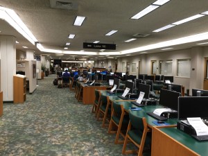 The first thing you notice when you enter is the absence of rows and rows of bookshelves. Instead, the space is filled with study carrels and tables.